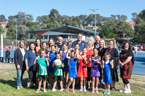 This is an image of Councillors, MPs and netballers at the opening of the Diamond Creek Netball Pavilion and Courts