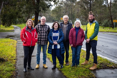 This is photograph of Eltham MP Vicki Ward, Cr Geoff Paine, Mayor Frances Eyre, Southern Gateway Renewal Group members Denis Johnston and Sue Dyet, and Major Road Projects Victoria Senior Project Manager Alex Say