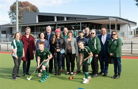 This is a photograph of the official opening of the Greensborough Hockey Pavilion.