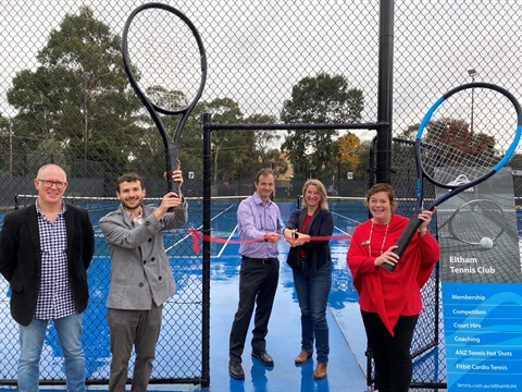 This is a photograph of Cr Geoff Paine, Cr Ben Ramcharan, Eltham Tennis Club President  Jeremy Snowden, Eltham MP Vicki Ward and Cr Natalie Duffy at the ministerial opening of the new Eltham tennis courts.