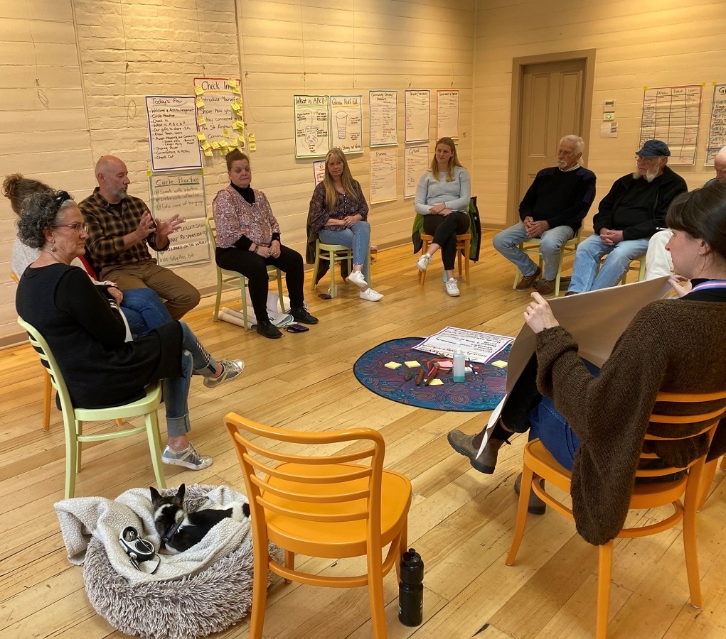A group of people sitting around a circle talking. 