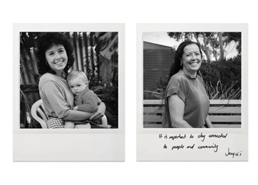 Photo of an older woman next to a photo of her younger self. Her handwritten quote reads 