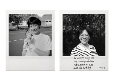 Photo of an older woman next to a photo of her younger self. Her handwritten quote reads 