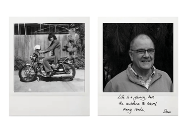 Photo of an older man next to a photo of his younger self. His handwritten quote reads 