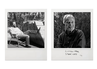 Photo of an older man next to a photo of his younger self. His handwritten quote reads 