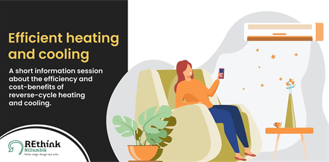 Cartoon figure of person in front of aircon. Text on left side of banner says Efficient heating and cooling by REthink Nillumbik. 