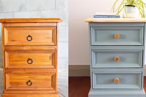A pine set of drawers on the left. Painted light grey with the top left in pine on the right.