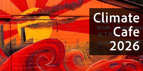Photo of a mural showing waves, and a sun. Text reads 'Climate Cafe 2026'
