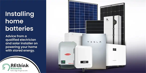 Variety of batteries used at home with a banner reading Installing home batteries by REthink Nillumbik. 