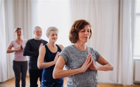 Four older people standing in a diagonal line with the hands joined palms touching in a triangle at their chests