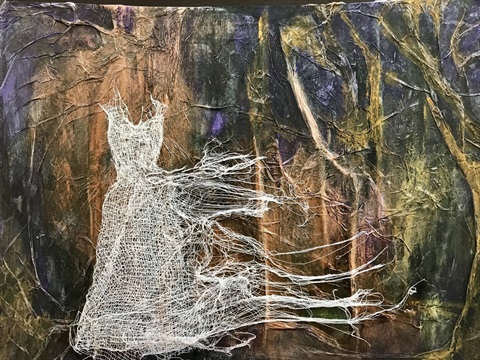 An image of an artwork with a muddy background and a white wedding dress shape near the centre