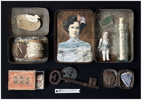 A mixed media artwork with found objects on a black background