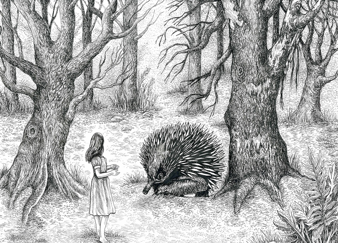 A black and white drawing of a forest and a young girl with long hair and a dress, facing a large echidna 