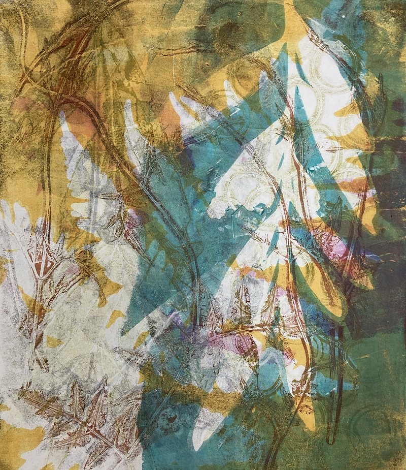 Abstracted green, yellow and white image with forms that appear like leaves