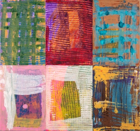 Image description: An abstract painting divided into six equal sections.  The artist uses line and block shapes and pinks, yellows, blue, red, white and brown. 