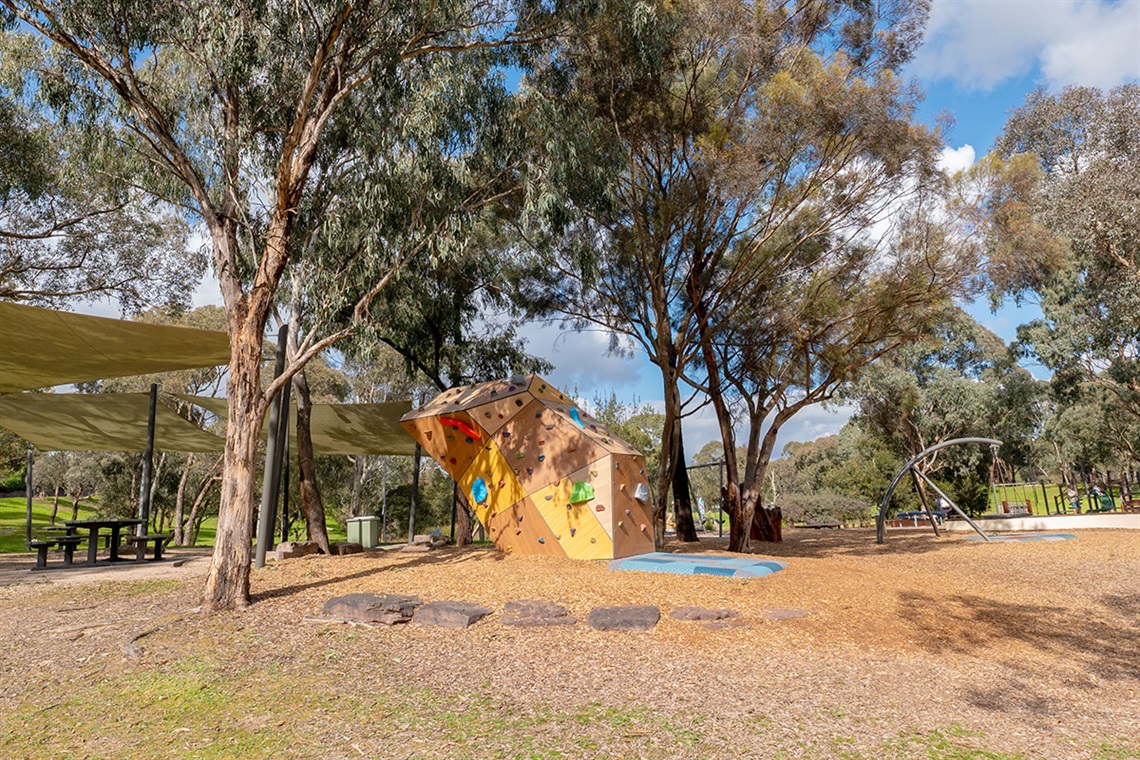 Gum trees and shade sails provide shade over a playground