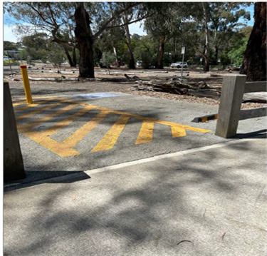 Concrete carpark with yellow lines marking the space and trees in the background