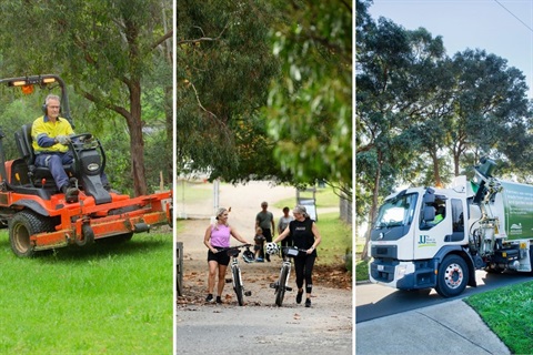 This is an image contain three photographs, from left to right, Council staff mowing a reserve, two women pushing bikes on a trail, and a rubbish truck picking up a bin.