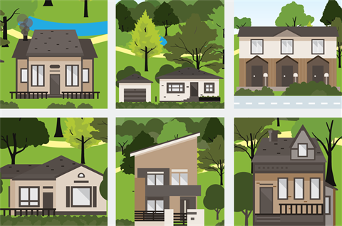 This is a graphic designed image of six different houses.