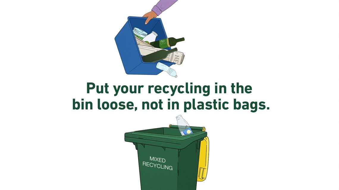 A tub of recyclable items being tipped into a bin