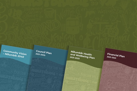 This is a graphic image of the covers of the Community Vision and four three strategic plans