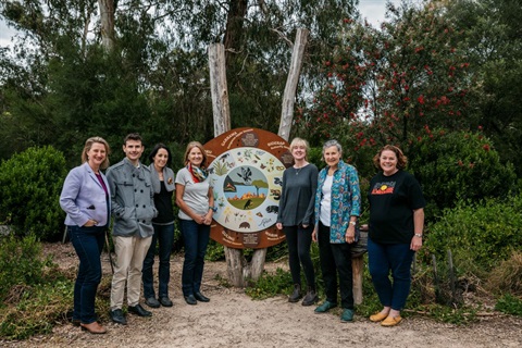 This is a photograph taken at the new Wurundjeri Seasonal Garden with Eltham MP Vicki Ward, Mayor Ben Ramcharan and members of the Eltham North Adventure Playground Community Reference Group.