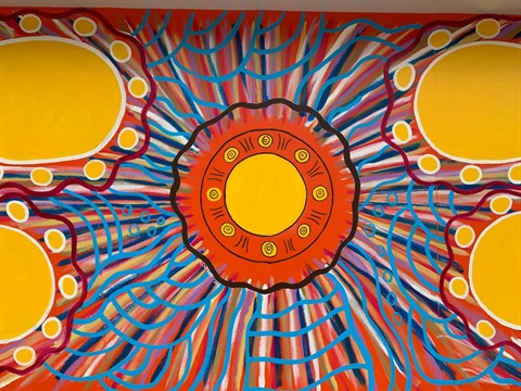 This is a detail from the mural Family and Future (Past, Present and Future … Emerging) at the Diamond Valley Sports and Fitness Centre, by Aboriginal artist Fiona Clarke.