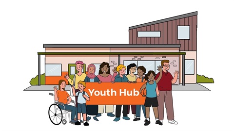 This is a drawing of a group of young people standing out the front of a building to illustrate the new youth hub.