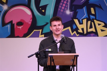 This is a photograph of Mayor Ben Ramcharan speaking at the opening of the Nillumbik Youth Hub.