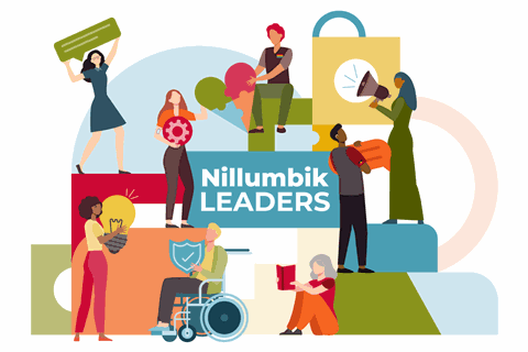 The words Nillumbik Leaders are surrounded by illustrations of people with speech bubbles, lightbulbs and megaphones