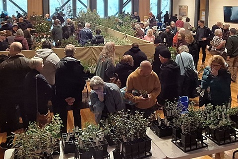 A crowd browses around a hall filled with tables of native plants