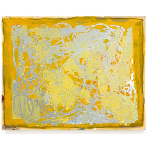 Abstract painting by Nicholas Currie with bright yellow areas and silver curving lines over dark yellow background